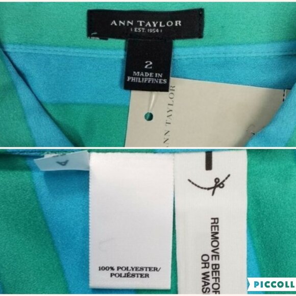 Ann Taylor Green Blue Striped Button Front Long Roll Tab Sleeve Blouse Preppy - Picture 15 of 16